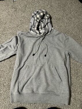 Burberry Gray Hoodie with Plaid-Lined Hood